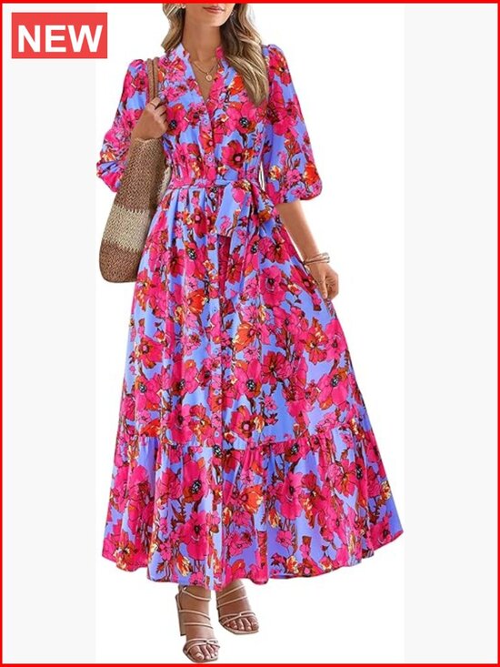 Dresses & Skirts - Floral Maxi Dress with V-Neck, Puff Sleeves, Tie Waist, Hidden Pockets